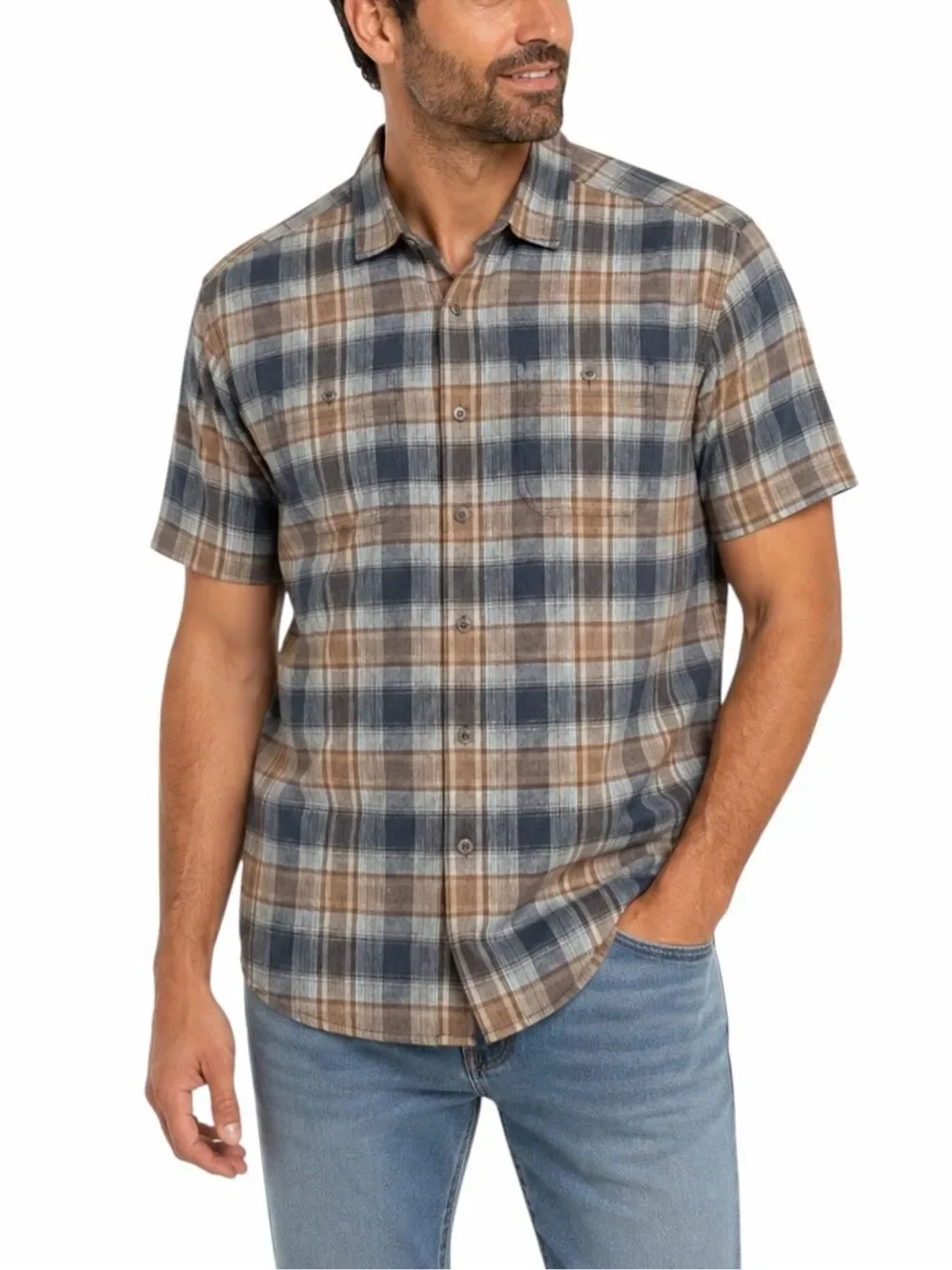 KÜHL Skorpio Men’s Medium Blue Brown Plaid Linen Blend Short Sleeve Shirt